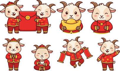 Obraz premium Cute Chinese New Year Goat Character Collection with Red Envelopes, Golden Ingots, Traditional Costumes and Festive Lunar Zodiac Illustrations