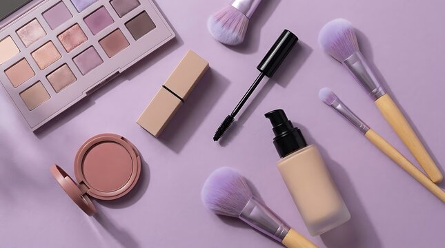 Set of professional makeup products with eyeshadow palette lipstick and brushes on a grey surface. makeup combo offers