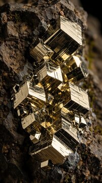 Gold pyrite crystals grow on rough stone surface. Cubic mineral formations show metallic luster and geometric structure. Natural treasure glitters in close-up detail.