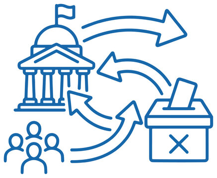 Democratic election concept diagram with voters building and ballot box connected by circular blue arrows.