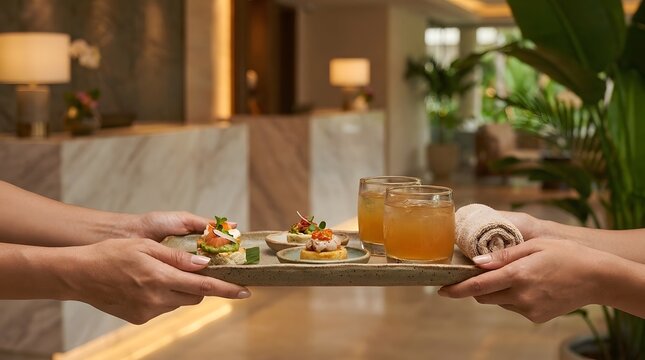 Waitstaff serving gourmet appetizers and refreshing cocktails on a silver tray in a luxury hotel lounge.