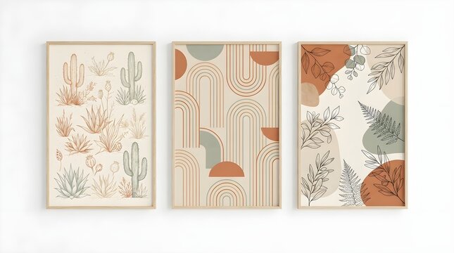Set of three boho style wall art prints with cactus illustrations and abstract arches terracotta decor modern boho desert plants neutral palett