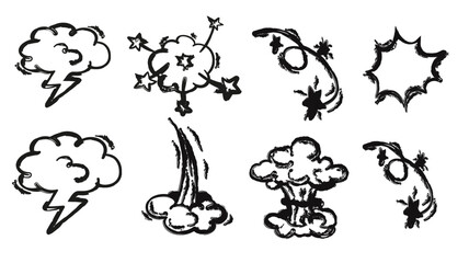 Obraz premium Set of hand drawn comic book explosion and blast effect illustrations featuring dynamic cartoon shapes for action scenes and graphic design elements