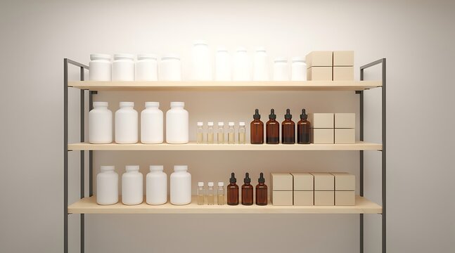 Pharmaceutical Medicine Bottles on Metal Shelving.