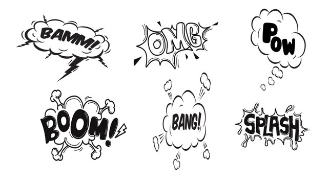 Set of hand drawn comic book sound effect speech bubbles with text like boom pow and smash