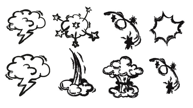 Set of hand drawn comic book explosion and blast effect illustrations featuring dynamic cartoon shapes for action scenes and graphic design elements