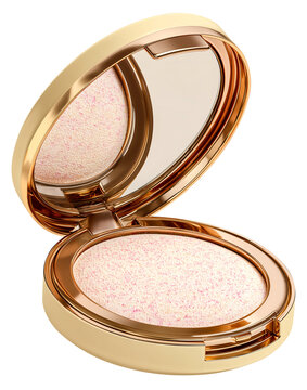 Open compact powder case with mirror, featuring round design and textured powder surface, exudes elegance and sophistication., isolated