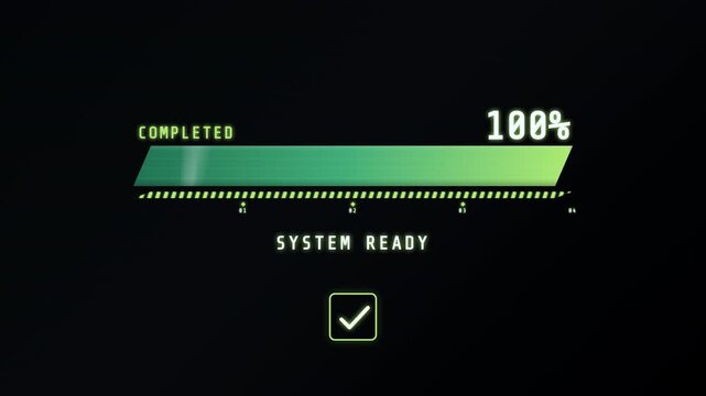 Futuristic green progress bar animation showing system validation from zero to one hundred percent.