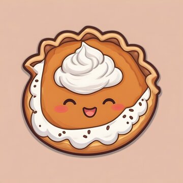 A cute chubby slice of pumpkin pie with fluffy whipped cream, adorable smiling face, tiny cinnamon sprinkle, cozy Thanksgiving and fall feeling, kawaii food sticker