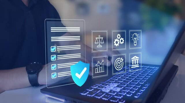Compliance, standards, laws and policies concept. Legal and compliance icons, regulatory requirements, policy management, risk control and corporate governance. 