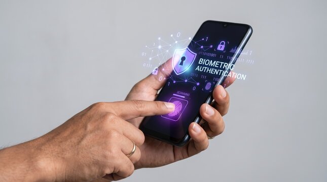 of a hand holding a smartphone performing biometric authentication via fingerprint scanning, featuring a glowing digital shield and lock icon to symbolize cybersecurity