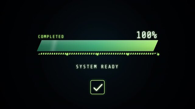 Futuristic digital progress bar animation showing system validation from zero to one hundred percent completion.