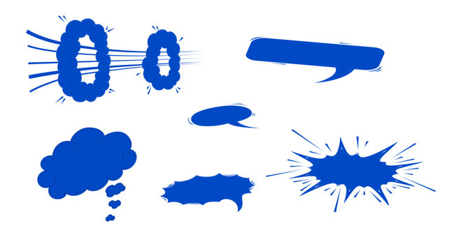 Set of blue hand drawn comic speech bubbles and sound effect shapes for graphic design
