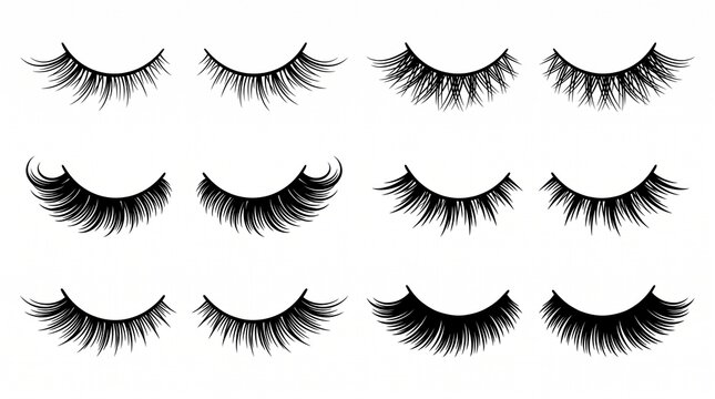 Collection of 12 False Eyelash Silhouettes for Beauty Salon Lash Extension Services Cosmetic Makeup Fashion Icons Graphic Designs.