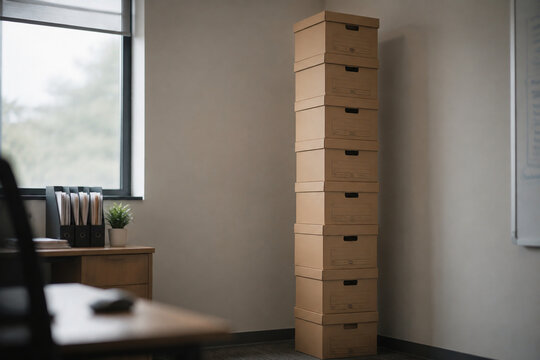 A tall, precarious stack of identical cardboard filing boxes in an office corner.