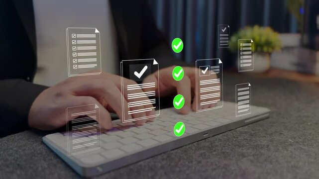 Business performance checklist for form approval concept. approval and performance tracking icons, workflow verification, KPI monitoring and business process management.