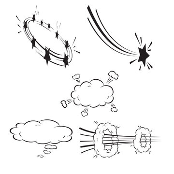 Set of hand drawn comic book action sound effect bubbles and star burst explosions for graphic design elements