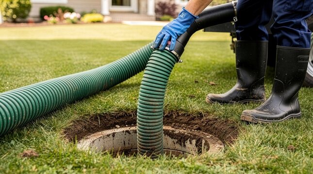 A professional utility worker in rubber boots and gloves uses a large green suction hose to pump and clean an underground septic tank in a green residential lawn backyard.