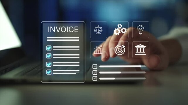 Invoice management concept. Billing and financial document icons, digital invoicing, payment processing and accounting workflow.