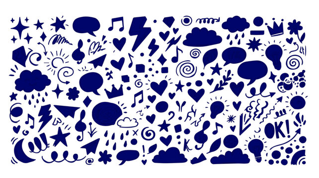 Set of blue hand drawn doodle icons including hearts stars clouds and musical notes