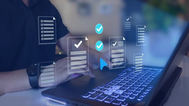 Business performance checklist for form approval concept. approval and performance tracking icons, workflow verification, KPI monitoring and business process management.