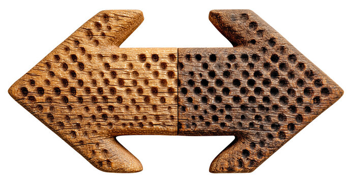 Wooden interlocking arrow symbol with dotted texture, representing ethical business concepts and direction. contrasting textures add depth and interest., isolated