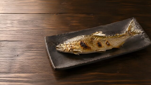 japanese grilled ayu sweetfish seasoned with salt on a dark ceramic plate