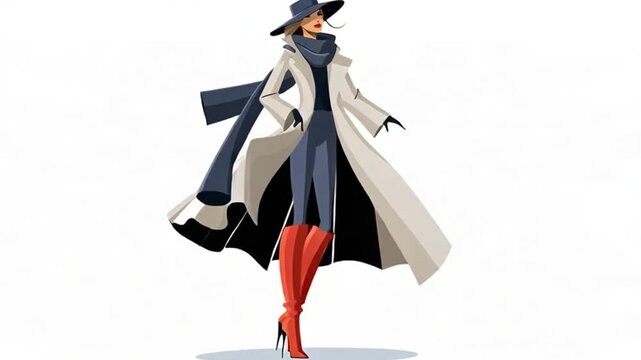 Stylish young woman in a fashionable autumn coat, scarf and hat, flat design illustration on white background