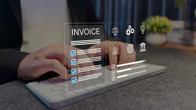 Invoice management concept. Billing and financial document icons, digital invoicing, payment processing and accounting workflow.