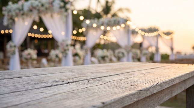 Wooden table with blurred outdoor wedding reception background