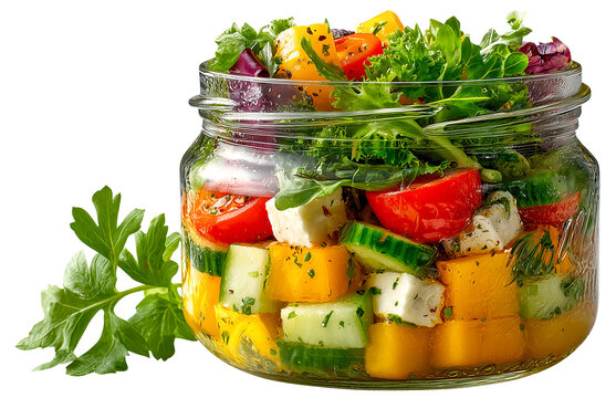Vibrant glass jar filled with colorful salad featuring fresh vegetables like tomatoes, cucumbers, and bell peppers, along with leafy greens and feta cheese, showcasing creative kitchen, isolated