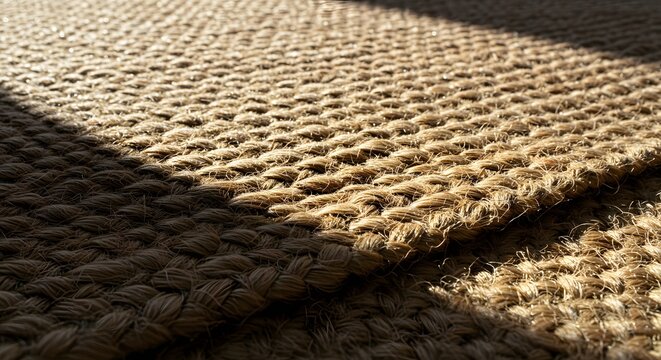 Close-up of natural woven jute rug texture with sunlight and shadow, sunlight emphasizes