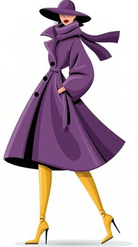 Stylish young woman in a fashionable autumn coat, scarf and hat, flat design illustration on white background