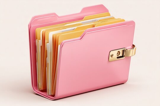 Pink file folder with gold clasp holding documents