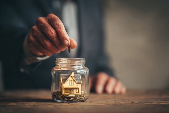 Senior hand saving coin for house in glass jar