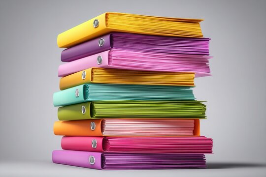 Stack of colorful binders with papers on gray background