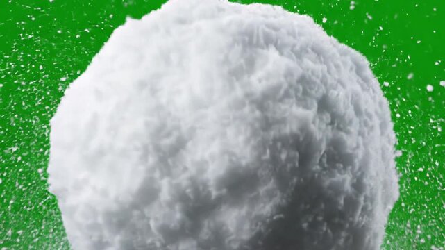 Single white snowbal floating against a vibrant green background with flying particles of frozen winter precipitation