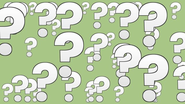 Seamless loop. White question marks march across sage green screen in horizontal motion graphic. Curious symbols drift in playful pattern for quiz, FAQ, and decision-making themes.