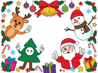 Fototapeta premium Christmas Frame with Cute Cartoon Santa, Snowman, Reindeer, and Tree. Festive Holiday Border with Bells, Gifts, and Ornaments on White Background.