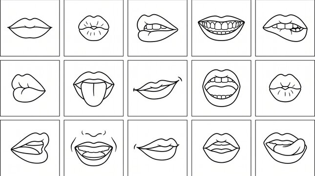Set of fifteen vector line art icons depicting various human mouth and lip expressions such as smiling biting kissing and pouting.