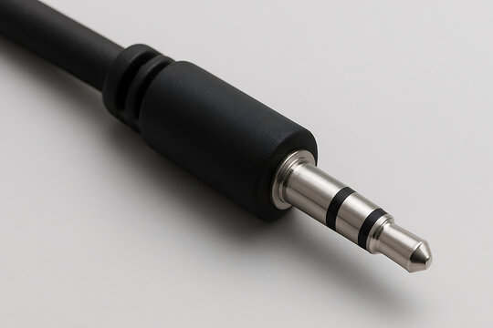 Close up of black audio jack connector on white background