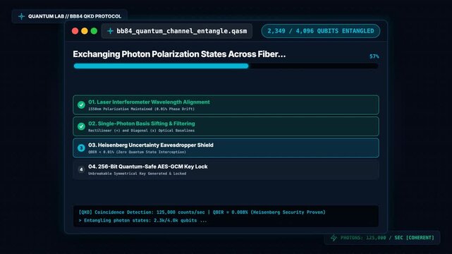 Quantum key distribution animation showing encrypted link establishment and secure data protocol interface.