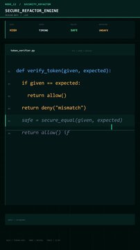 Vertical format code refactoring sequence showing security function improvement in development environment. Developer enhances token verification from basic to secure implementation. For social.