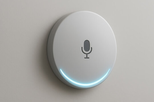Minimal wall-mounted smart microphone device with glowing blue status light on plain background