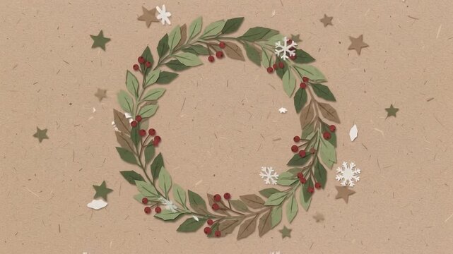 Christmas wreath made of green leaves and red berries on a rustic craft paper background with stars and snowflakes