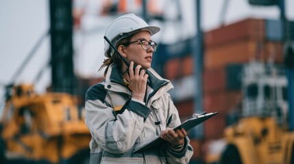 Fototapeta premium Female engineer in white safety helmet using walkie talkie and clipboard while inspecting industrial site with heavy machinery background