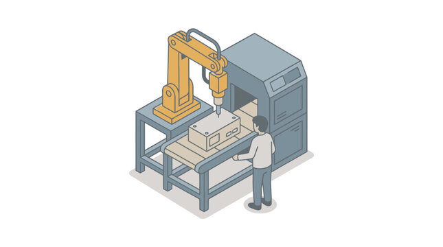 Corporate Isometric of Worker Operating Industrial CNC Machine with Robotic Arm in Modern Factory Setting