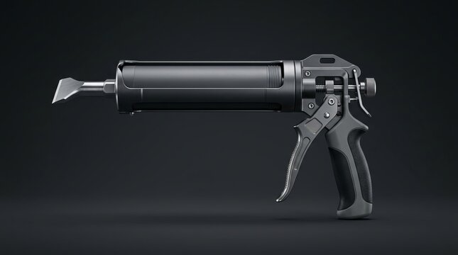 Caulking gun displaying a matte black painted body with polished metallic trigger components isolated against a smooth dark charcoal studio backdrop.