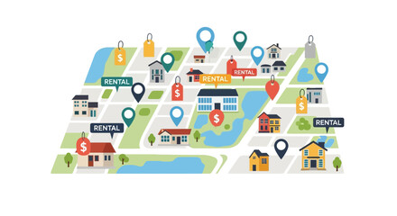 Fototapeta premium Real Estate Market Neighborhood Map Illustration with Houses for Sale and Rent, Location Pins and Price Tags on a City Street Layout