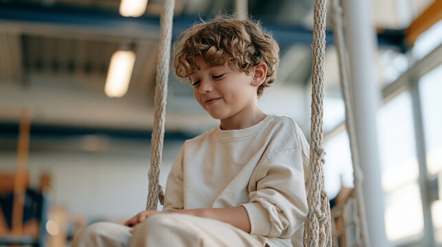 Curly haired boy seated in cylindrical net swing suspended from ceiling beam in sensory gym, vestibular input therapy activity supporting proprioception development for ADHD and